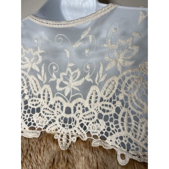 MYSTREE Faux Fur Lace Vest Shrug Brown Cream Boho Hippie Festival Size Small - Picture 4 of 6